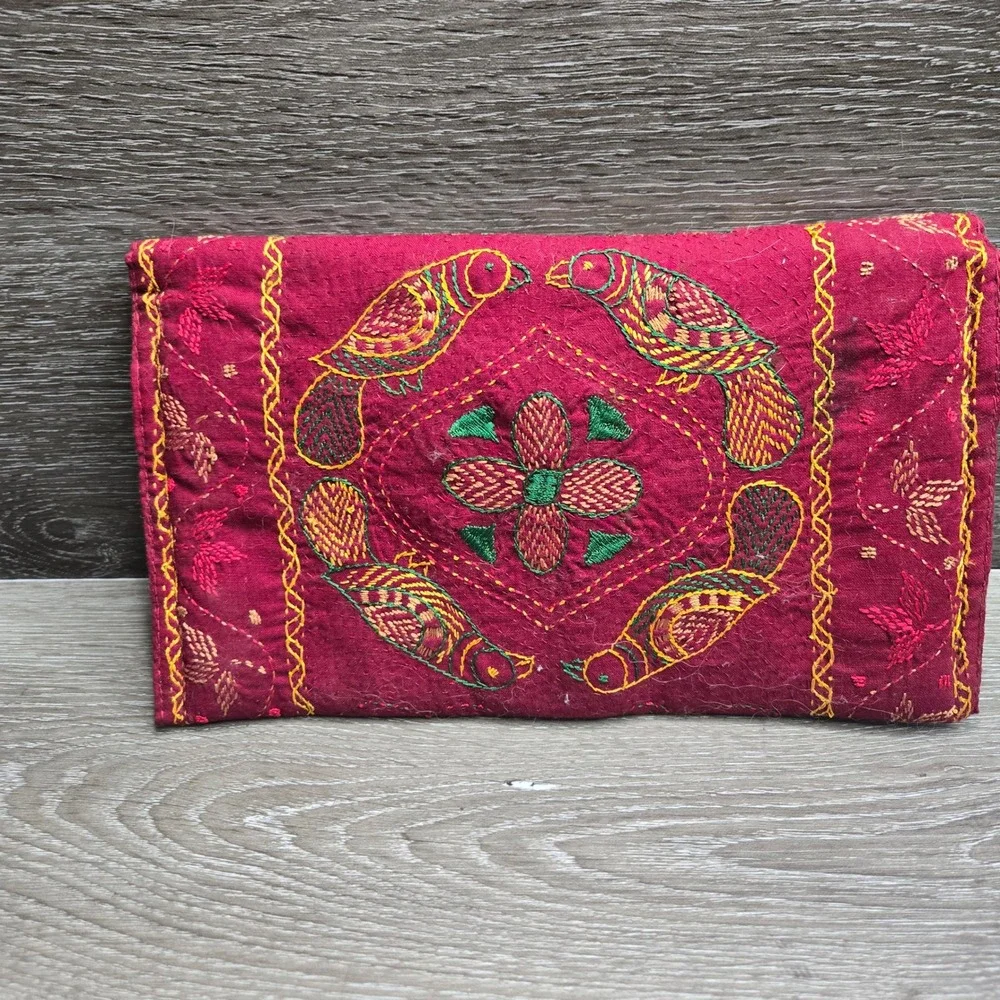 Aarong Bangladesh Hand Embroidered Nakshi Kantha Maroon Fabric Wallet Clutch